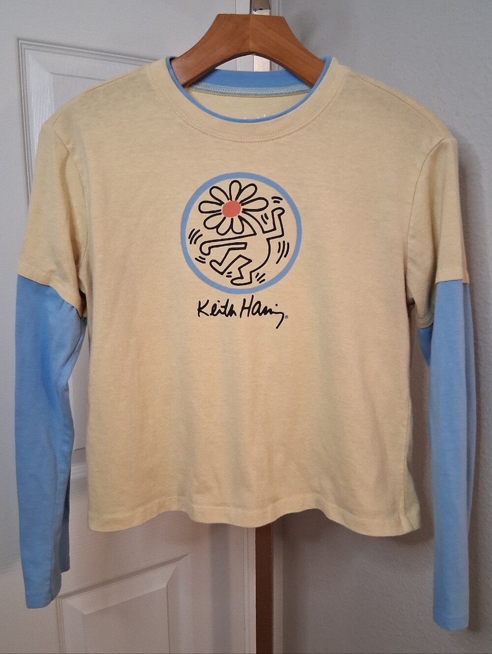 Keith Haring Women's Long Sleeve Layered Tee in Pale Yellow & Light Blue